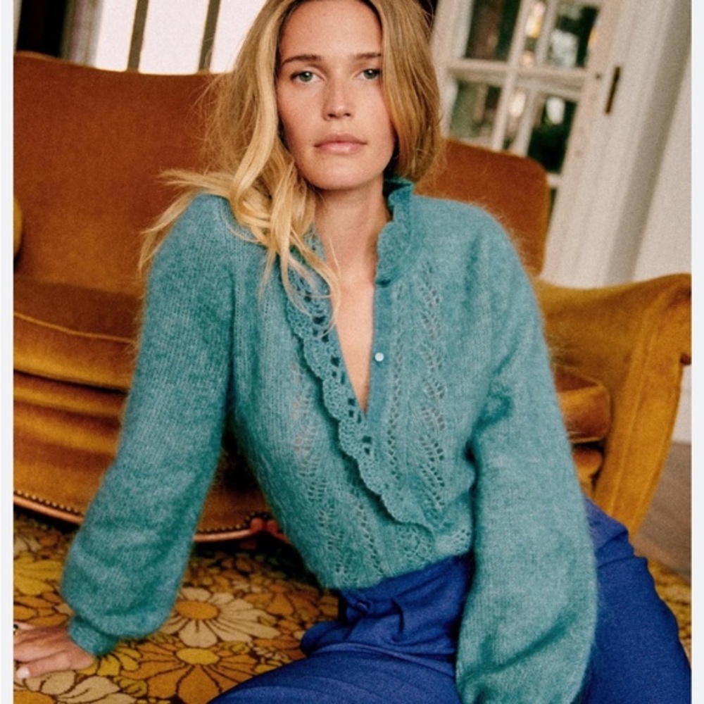 Sezane GILET ANGIE Bleu Paon Peacock Blue Cardigan size small